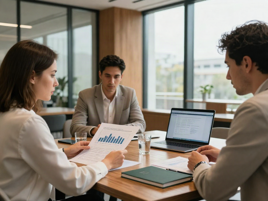 A consulting team reviewing business charts and discussing priorities around a meeting table