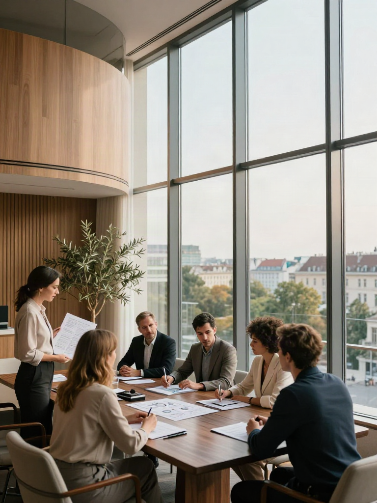 Consultants sharing perspectives during a strategic business review in a sunlit office